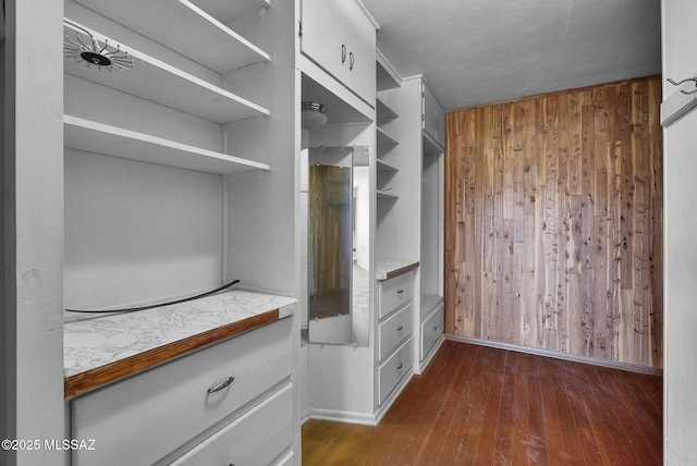 walk in closet with dark wood-style floors