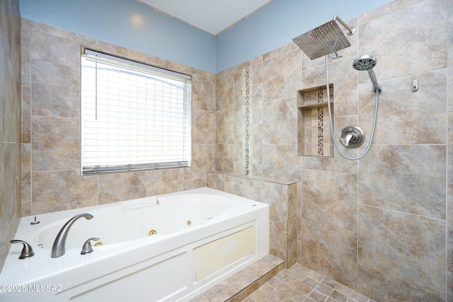 full bath featuring a tile shower and a jetted tub
