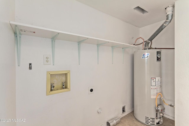 washroom featuring hookup for a washing machine, electric dryer hookup, water heater, and laundry area