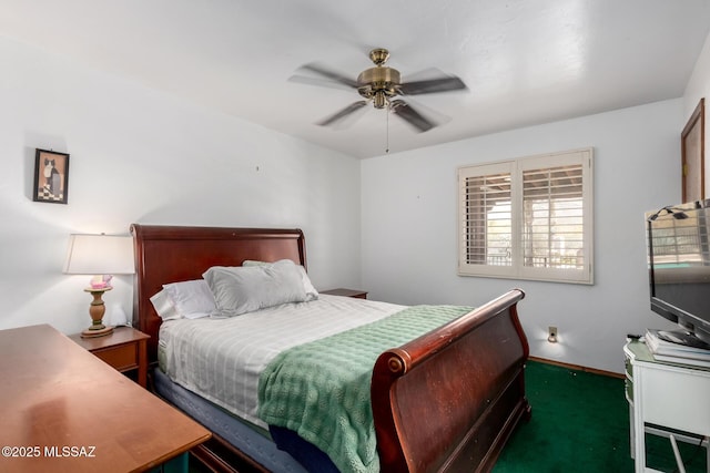 carpeted bedroom featuring ceiling fan and baseboards