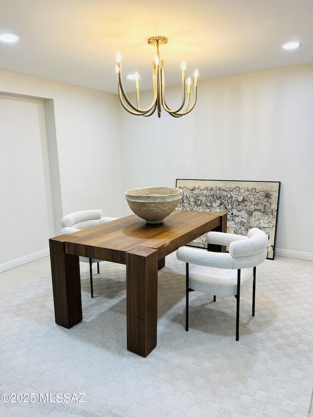 4250 E Aquarius Dr, Tucson, AZ 85718 - dining space with light carpet, a chandelier, baseboards, and recessed lighting