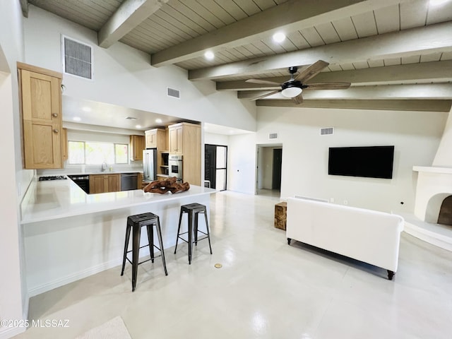 4250 E Aquarius Dr, Tucson, AZ 85718 - living room featuring wooden ceiling with exposed beams, a ceiling fan, and recessed lighting