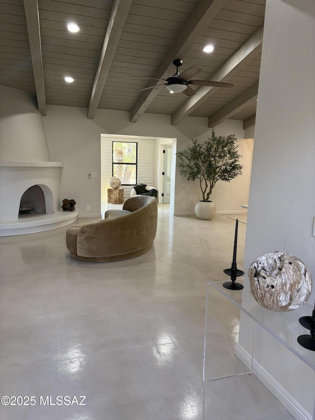 4250 E Aquarius Dr, Tucson, AZ 85718 - living room featuring ceiling fan, concrete floors, recessed lighting, wooden ceiling with exposed beams, and baseboards