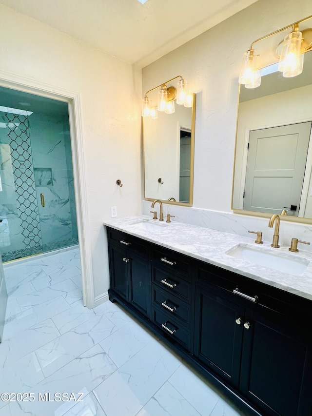 4250 E Aquarius Dr, Tucson, AZ 85718 - bathroom featuring marble finish floors, double vanity, and a tile shower
