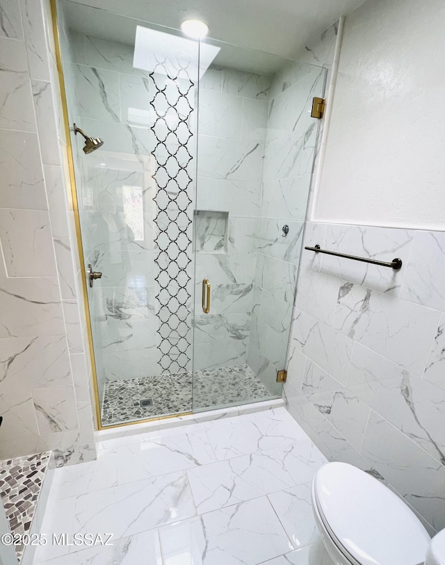 4250 E Aquarius Dr, Tucson, AZ 85718 - full bathroom featuring a marble finish shower, toilet, marble look tile flooring, and tile walls