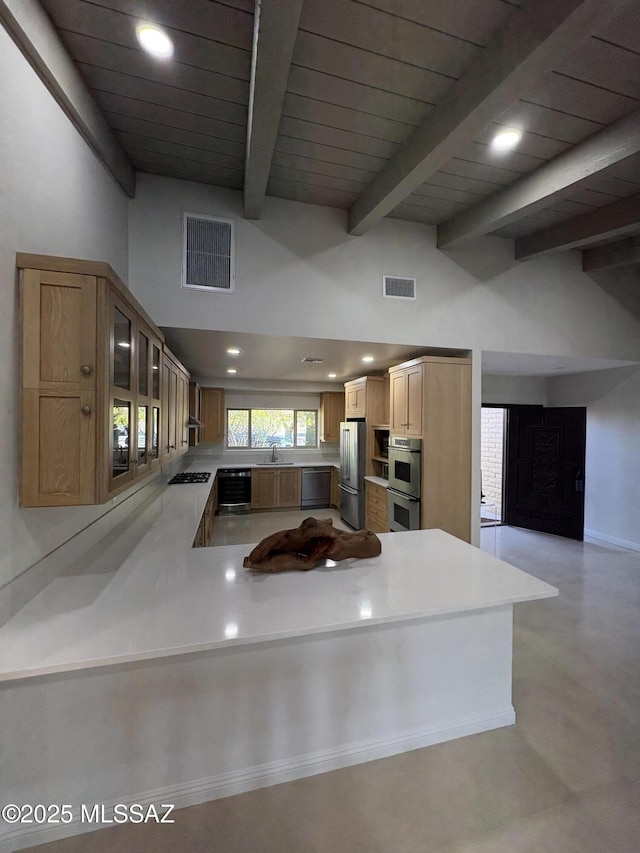 4250 E Aquarius Dr, Tucson, AZ 85718 - kitchen with stainless steel appliances, a peninsula, a sink, glass insert cabinets, and light countertops