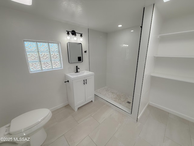full bathroom featuring vanity, baseboards, recessed lighting, toilet, and tiled shower