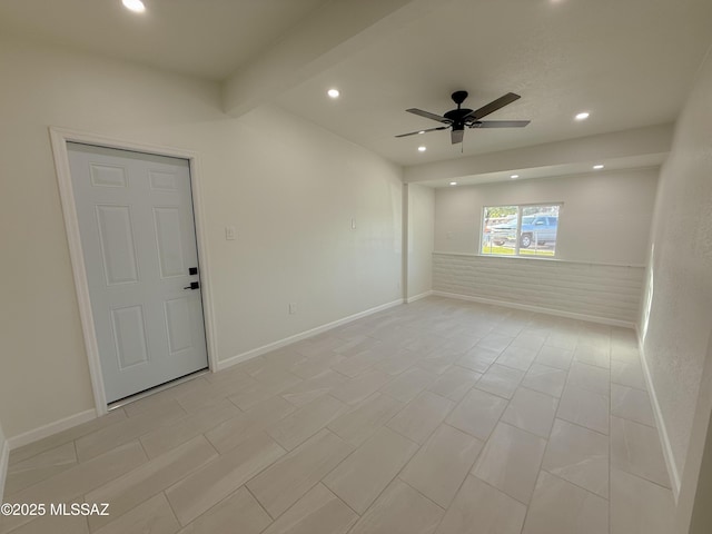 empty room with ceiling fan, baseboards, and recessed lighting