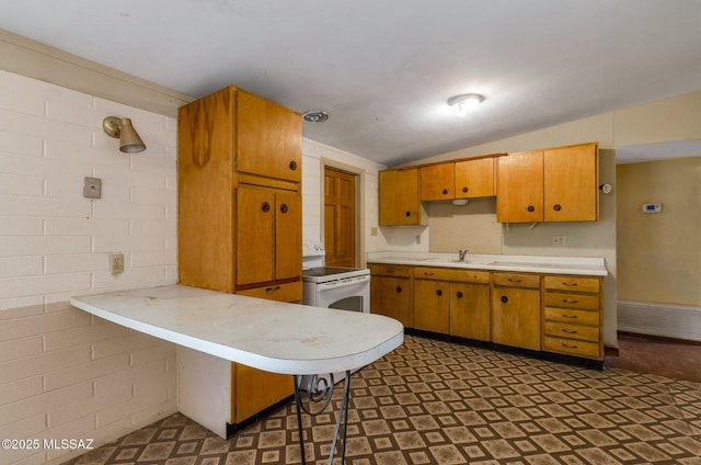 kitchen with visible vents, light countertops, white electric stove, a peninsula, and vaulted ceiling