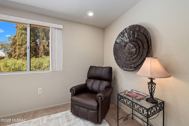 living area with baseboards and carpet