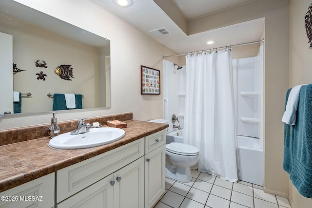 bathroom featuring shower / bath combo, visible vents, toilet, vanity, and tile patterned floors