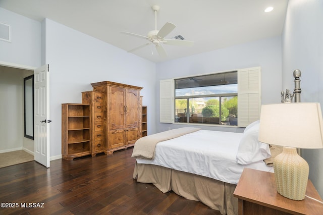 37717 S Terrace Park Dr, Saddlebrooke, AZ 85739 - bedroom featuring dark wood-style flooring, baseboards, a ceiling fan, and recessed lighting