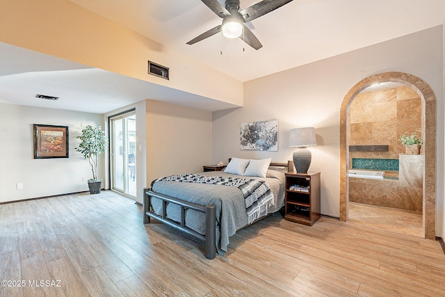 4401 E Havasu Rd, Tucson, AZ 85718 - bedroom with light wood-style floors, access to exterior, ceiling fan, and visible vents