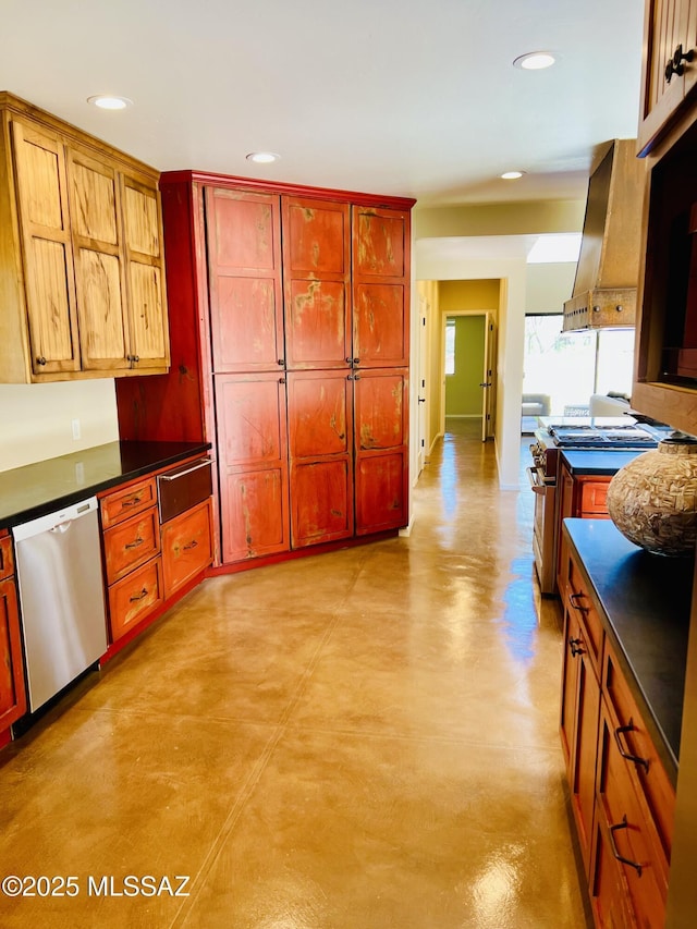 kitchen featuring concrete floors, dark countertops, ventilation hood, appliances with stainless steel finishes, and recessed lighting