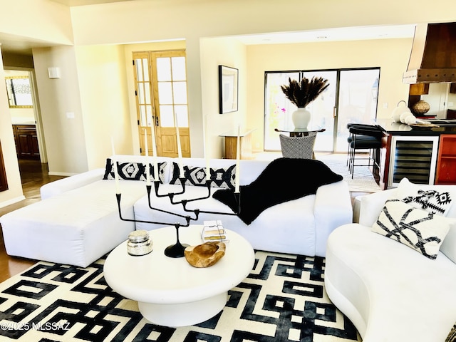 living room featuring beverage cooler