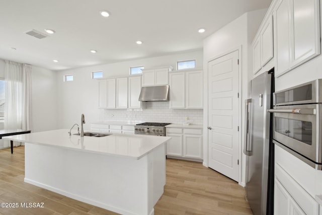 kitchen with high quality appliances, light wood-style flooring, under cabinet range hood, decorative backsplash, and a sink