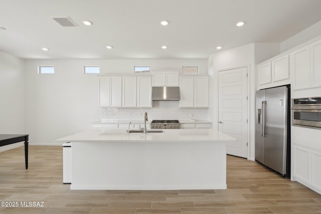 kitchen with light wood-style floors, tasteful backsplash, appliances with stainless steel finishes, under cabinet range hood, and a sink