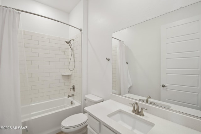 bathroom featuring toilet, vanity, and shower / bathtub combination with curtain