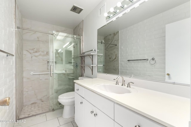 bathroom with a shower stall, visible vents, toilet, and vanity