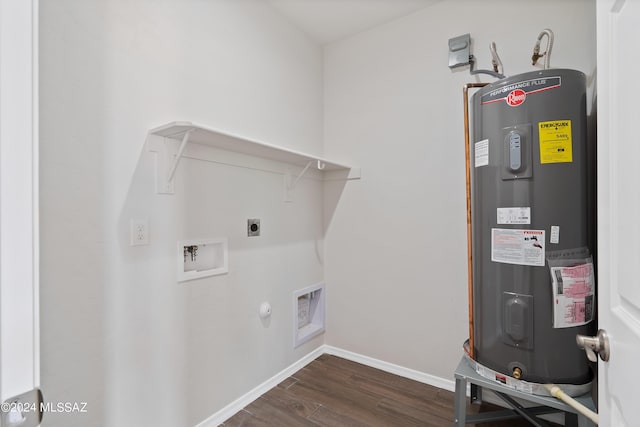 washroom featuring laundry area, electric water heater, dark wood-type flooring, electric dryer hookup, and hookup for a washing machine