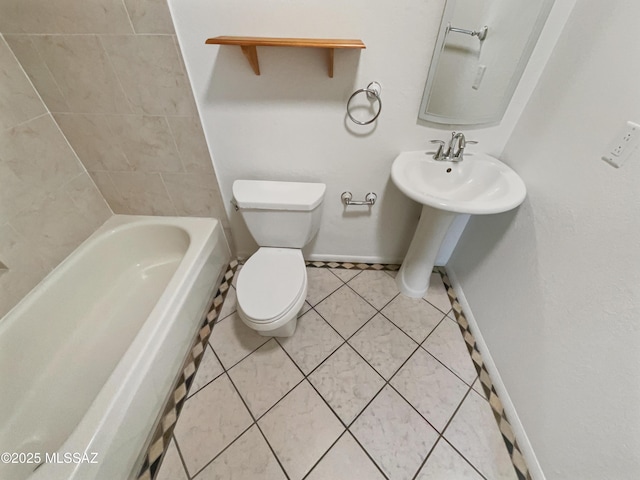 full bathroom featuring baseboards, tile patterned flooring, walk in shower, toilet, and a bath