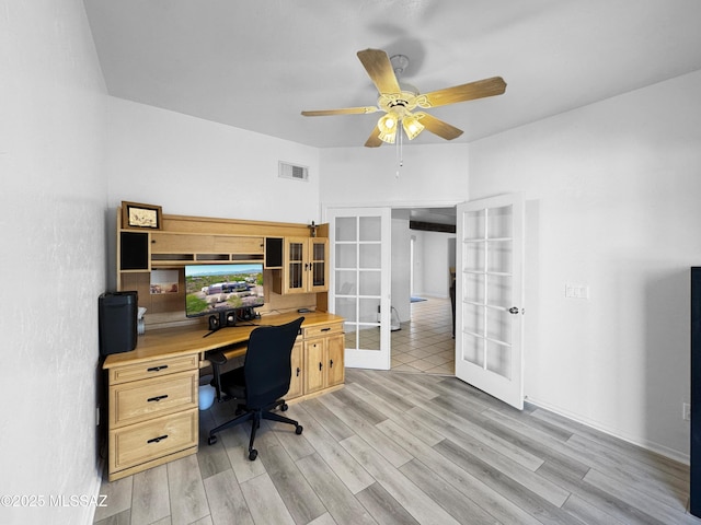 3021 E Dellwood Pl, Vail, AZ 85641 - office featuring a ceiling fan, visible vents, french doors, and light wood-style floors