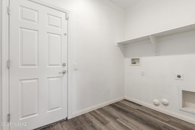 20950 E Frontier Rd, Red Rock, AZ 85145 - clothes washing area with baseboards, dark wood-type flooring, hookup for a washing machine, hookup for an electric dryer, and hookup for a gas dryer