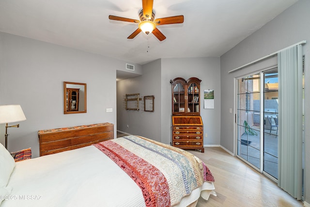 bedroom featuring access to outside, baseboards, a ceiling fan, light wood-style floors, and visible vents