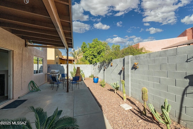 view of patio with a fenced backyard and a grill