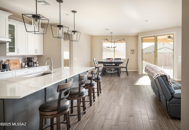 kitchen featuring visible vents, light stone countertops, wood finished floors, a sink, and glass insert cabinets