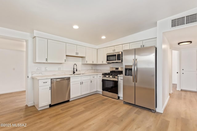 kitchen featuring light wood-style flooring, white cabinetry, visible vents, a sink, and stainless steel appliances