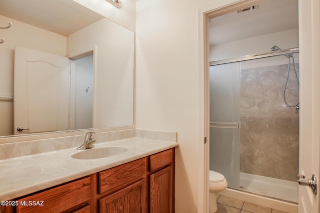 bathroom with a shower stall, tile patterned floors, visible vents, toilet, and vanity