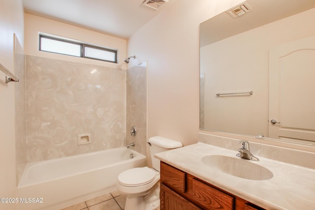 full bathroom with vanity, shower / tub combination, toilet, tile patterned flooring, and visible vents