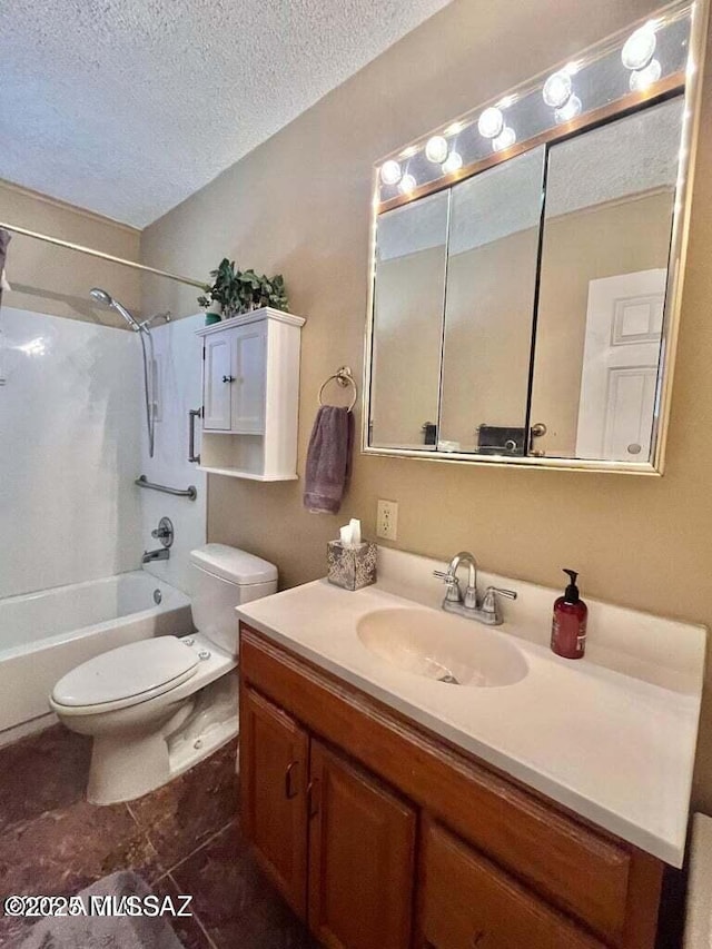 bathroom featuring toilet, a textured ceiling, vanity, and shower / bathtub combination
