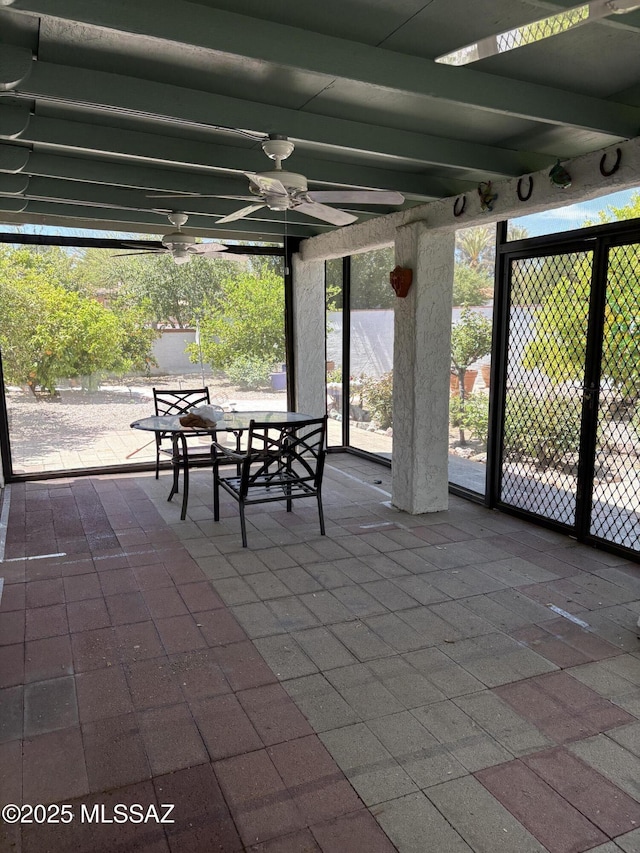 291 E Los Rincones, Green Valley, AZ 85614 - view of patio / terrace with fence, outdoor dining area, and a ceiling fan