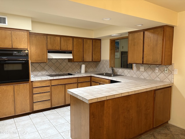 291 E Los Rincones, Green Valley, AZ 85614 - kitchen with under cabinet range hood, decorative backsplash, a sink, and black appliances