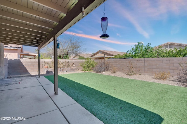 view of yard featuring a patio and a fenced backyard