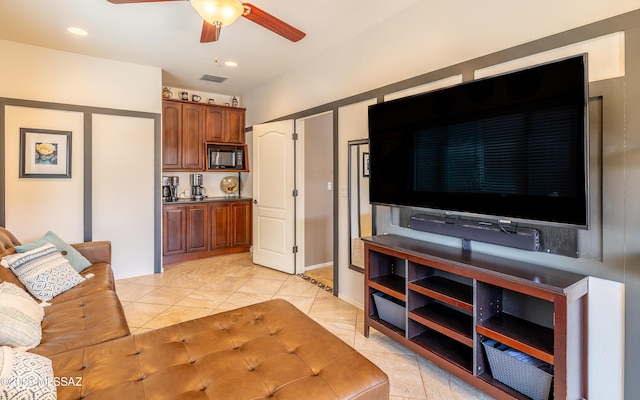 9125 S Crows Nest Ct, Tucson, AZ 85756 - living room featuring ceiling fan, recessed lighting, and light tile patterned floors