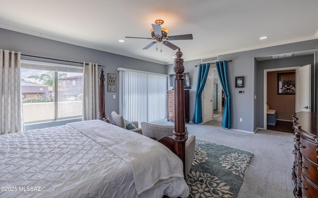 9125 S Crows Nest Ct, Tucson, AZ 85756 - bedroom featuring carpet, baseboards, ornamental molding, recessed lighting, and a ceiling fan