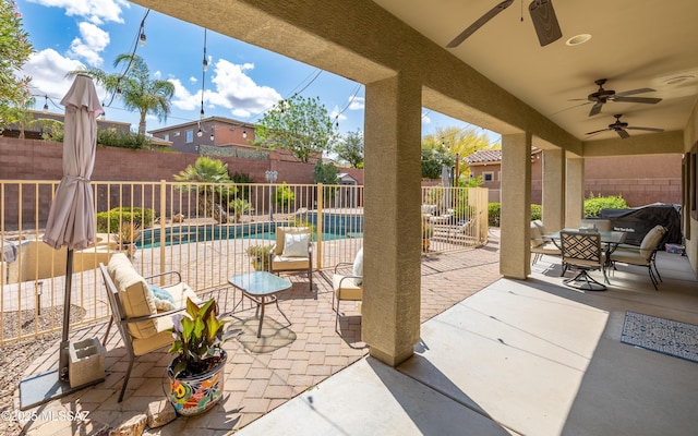 9125 S Crows Nest Ct, Tucson, AZ 85756 - fenced backyard with a ceiling fan and a patio