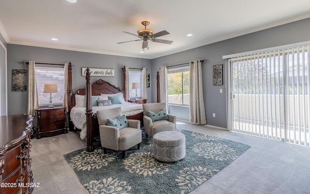 9125 S Crows Nest Ct, Tucson, AZ 85756 - bedroom with light carpet, access to exterior, crown molding, recessed lighting, and ceiling fan