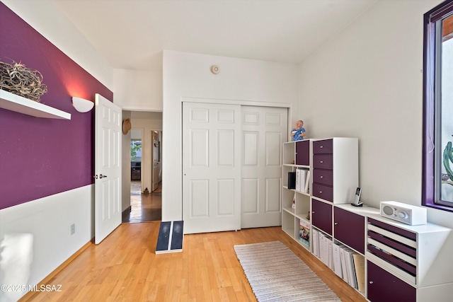 interior space featuring light wood-style floors and a closet