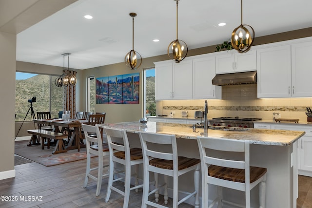 35605 S Overlook Dr, Saddlebrooke, AZ 85739 - kitchen featuring light stone counters, an inviting chandelier, backsplash, and under cabinet range hood