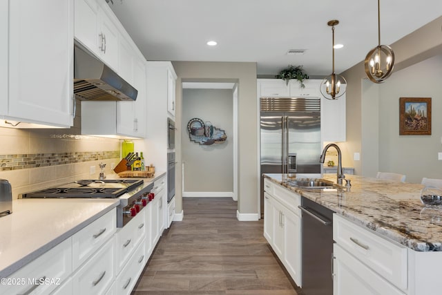 35605 S Overlook Dr, Saddlebrooke, AZ 85739 - kitchen featuring tasteful backsplash, appliances with stainless steel finishes, under cabinet range hood, a sink, and visible vents