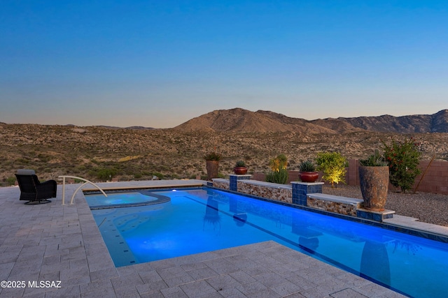 35605 S Overlook Dr, Saddlebrooke, AZ 85739 - view of swimming pool featuring a patio area, a mountain view, an in ground hot tub, and a fenced in pool
