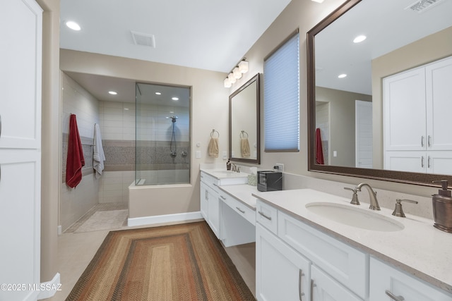 35605 S Overlook Dr, Saddlebrooke, AZ 85739 - bathroom with visible vents, recessed lighting, a walk in shower, vanity, and tile patterned flooring