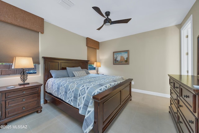 35605 S Overlook Dr, Saddlebrooke, AZ 85739 - bedroom featuring light tile patterned flooring, visible vents, a ceiling fan, and baseboards