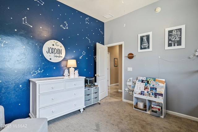carpeted bedroom featuring baseboards and visible vents