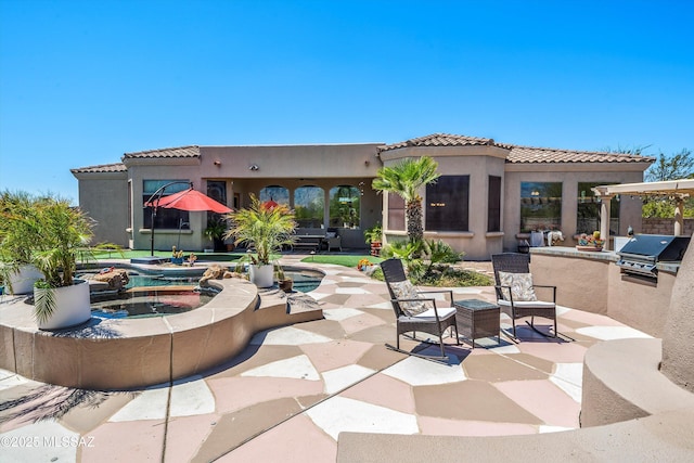 view of patio / terrace featuring area for grilling, an outdoor pool, an outdoor hangout area, grilling area, and an in ground hot tub