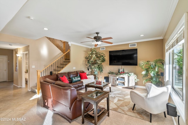 living room with visible vents, a ceiling fan, recessed lighting, and stairs